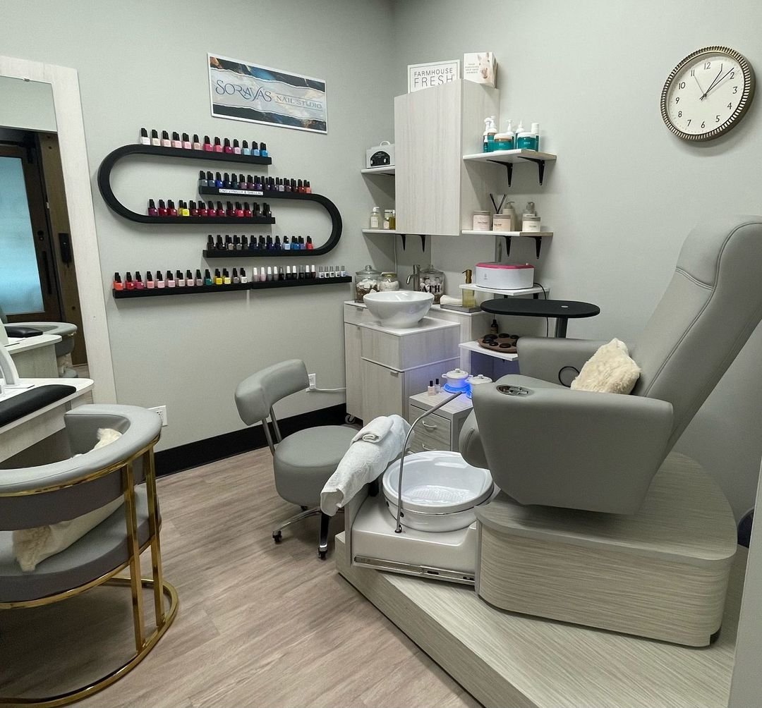 The pedicure chair and polish wall inside Soraya's Nail Studio, Rochester Hills, MI